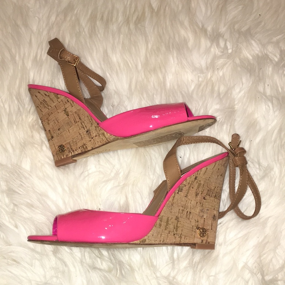 Tory Burch Bright Pink and Tan Cork Wedges